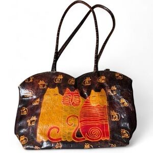 Rare Vintage Hand-Painted Leather Cat Tote Bag